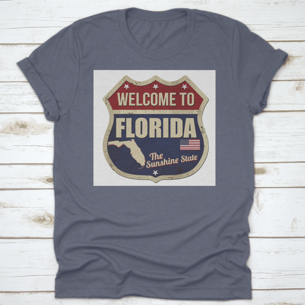 Vintage rusty metal sign featuring 'Welcome To Florida' on a white background, perfect for home decor.