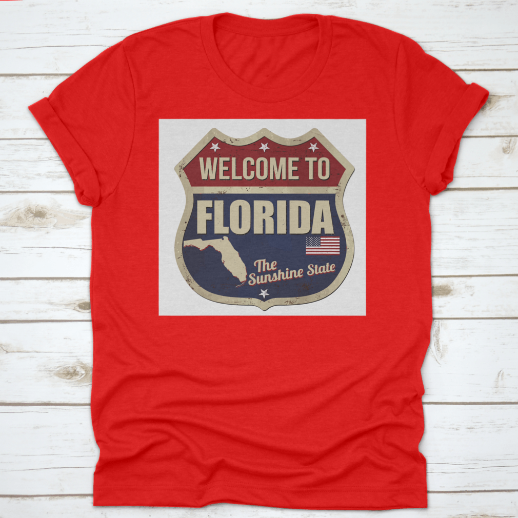 Vintage rusty metal sign featuring 'Welcome To Florida' on a white background, perfect for home decor.