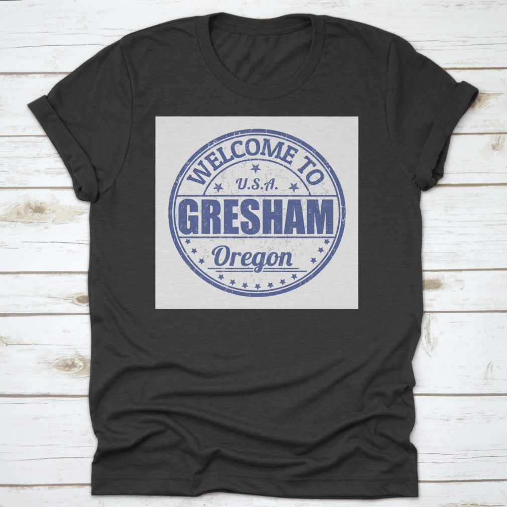 A stylish white t-shirt featuring the Gresham Grunge rubber stamp design, showcasing its comfortable fit and quality fabric.