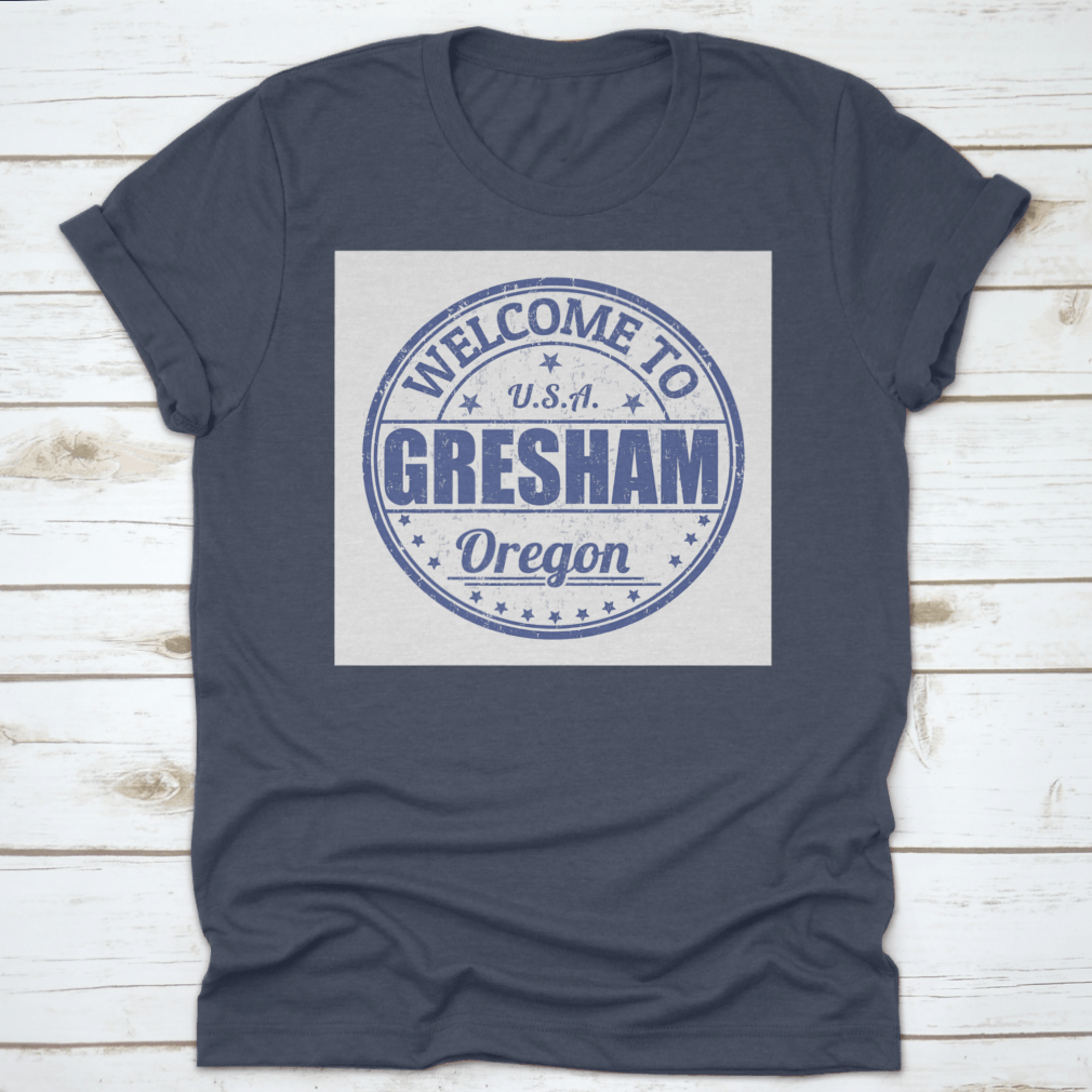 A stylish white t-shirt featuring the Gresham Grunge rubber stamp design, showcasing its comfortable fit and quality fabric.