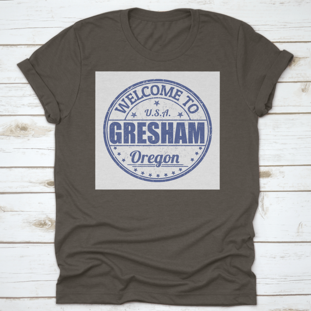 A stylish white t-shirt featuring the Gresham Grunge rubber stamp design, showcasing its comfortable fit and quality fabric.