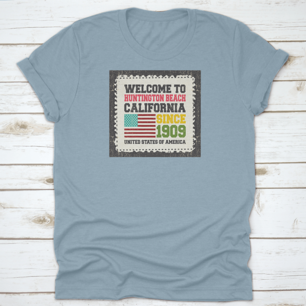 A classic cotton t-shirt featuring the American flag design, representing Huntington Beach, California.