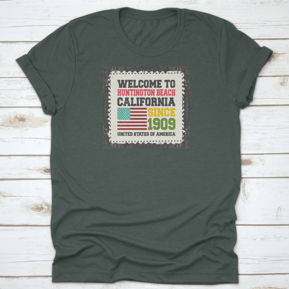 A classic cotton t-shirt featuring the American flag design, representing Huntington Beach, California.