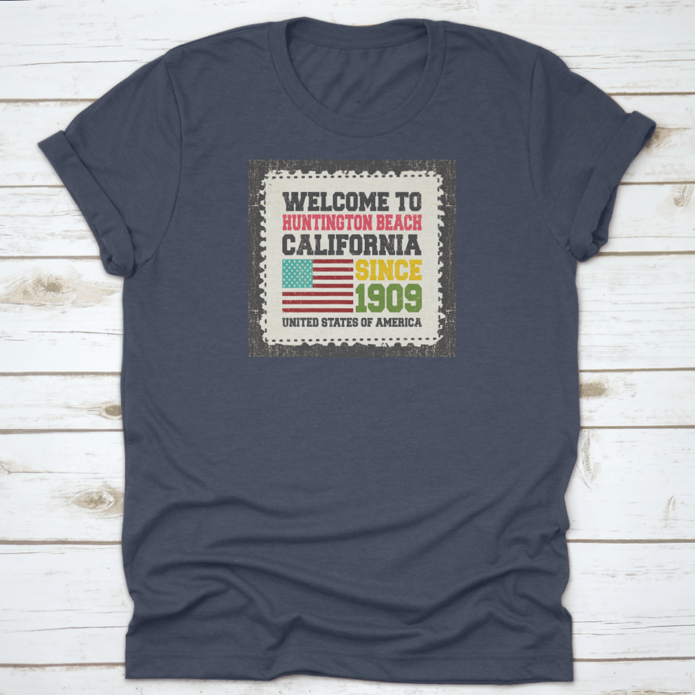 A classic cotton t-shirt featuring the American flag design, representing Huntington Beach, California.