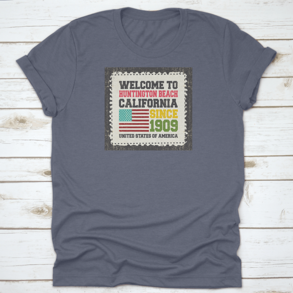 A classic cotton t-shirt featuring the American flag design, representing Huntington Beach, California.