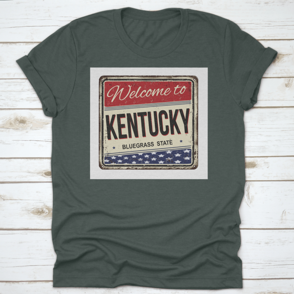 Vintage rusty metal sign featuring 'Welcome To Kentucky The Bluegrass State' with a rustic design.