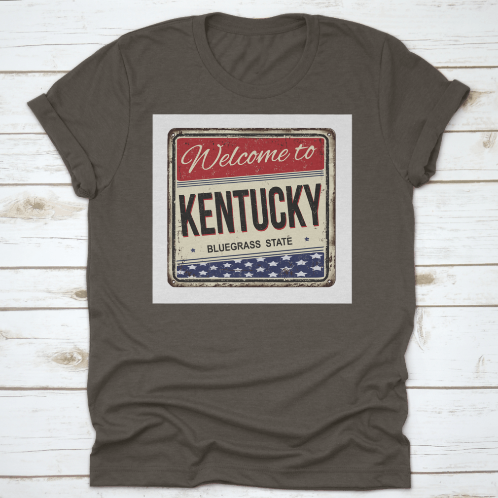 Vintage rusty metal sign featuring 'Welcome To Kentucky The Bluegrass State' with a rustic design.