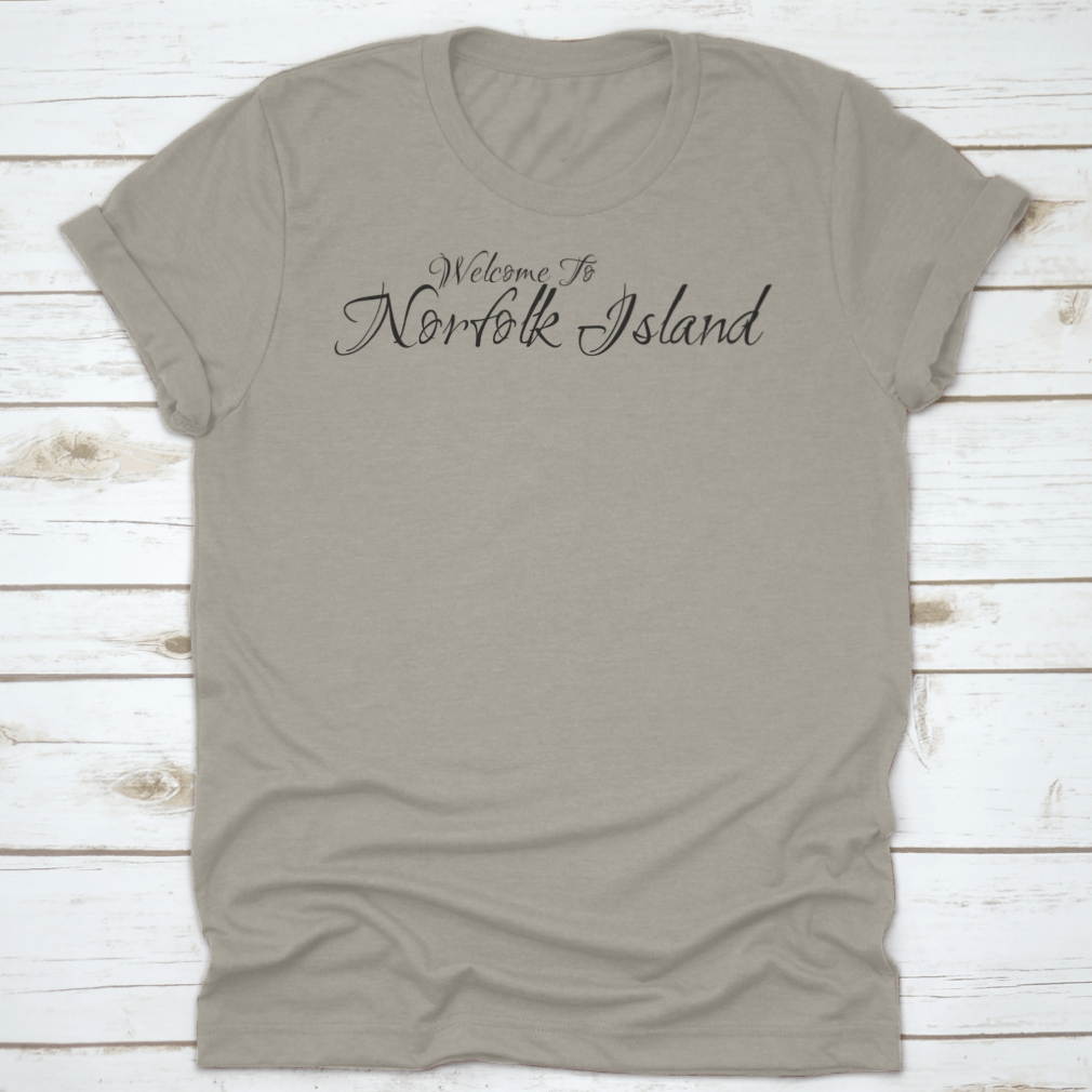 Norfolk Island Creative Cursive Grungy Typographic Text T-shirt displayed on a mannequin, showcasing its stylish design and comfortable fit.
