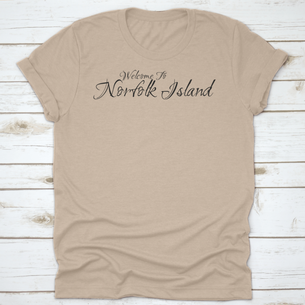 Norfolk Island Creative Cursive Grungy Typographic Text T-shirt displayed on a mannequin, showcasing its stylish design and comfortable fit.