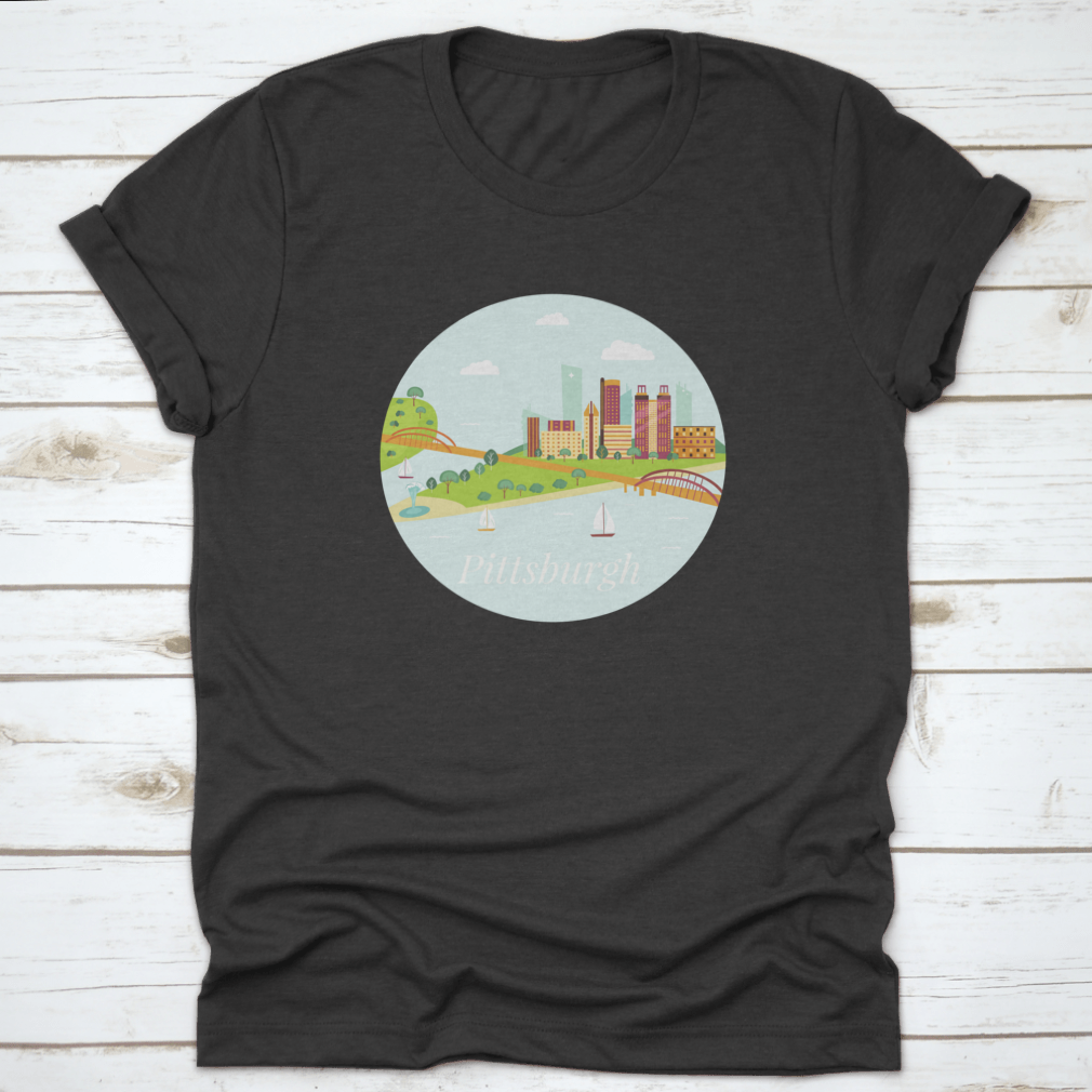A stylish shirt featuring a poster view of Pittsburgh's skyline with skyscrapers and river, made from high-quality cotton.