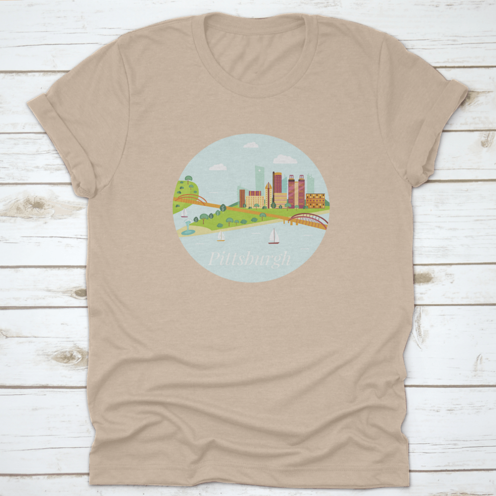 A stylish shirt featuring a poster view of Pittsburgh's skyline with skyscrapers and river, made from high-quality cotton.