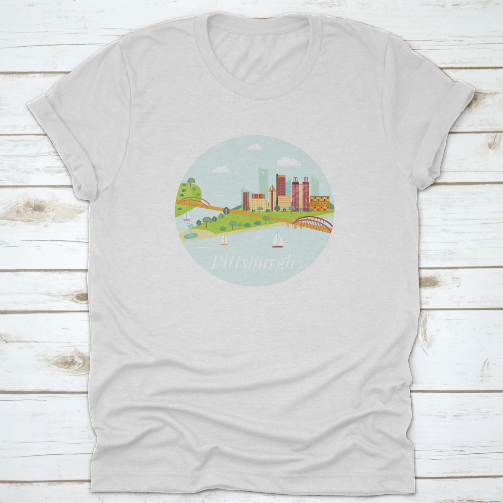 A stylish shirt featuring a poster view of Pittsburgh's skyline with skyscrapers and river, made from high-quality cotton.