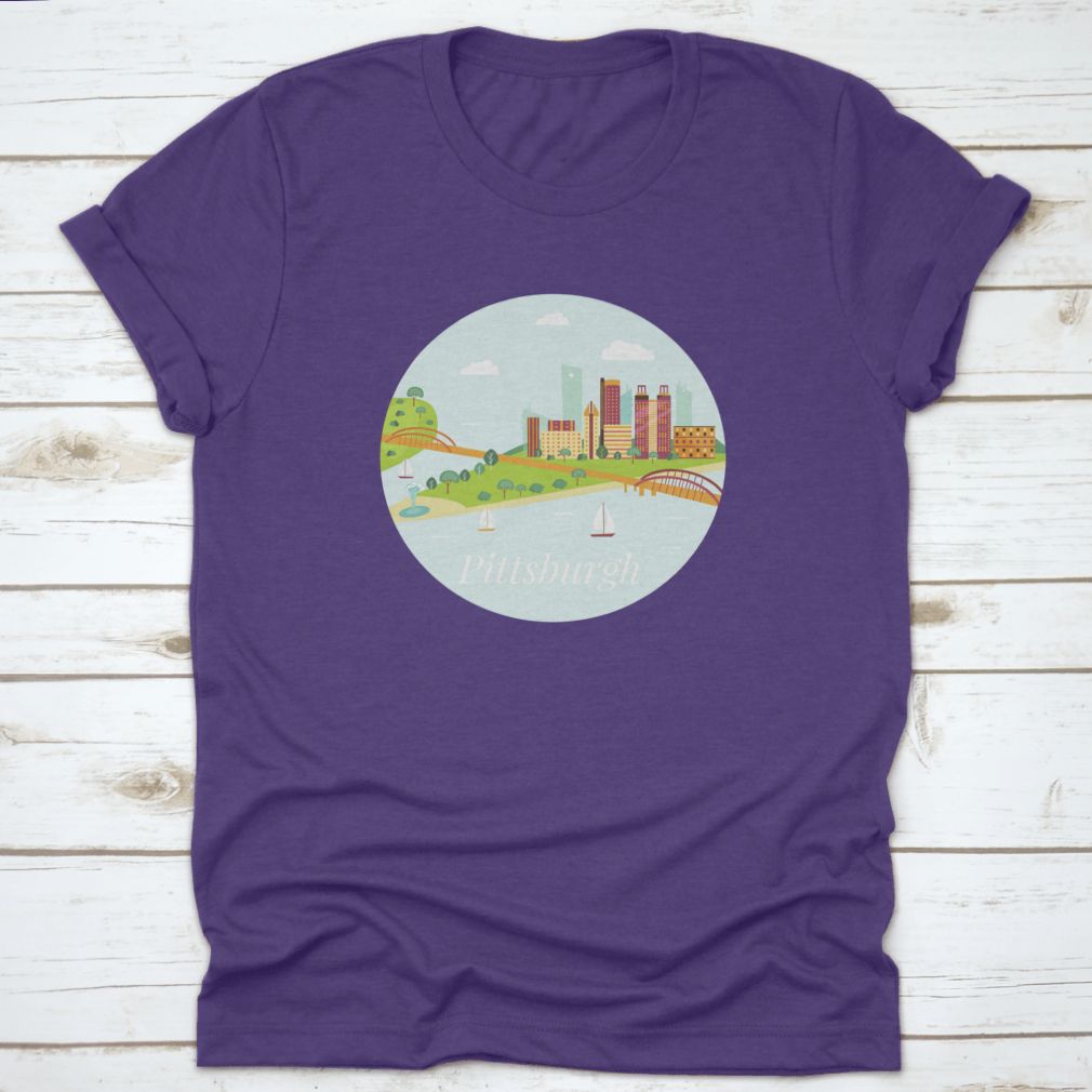 A stylish shirt featuring a poster view of Pittsburgh's skyline with skyscrapers and river, made from high-quality cotton.