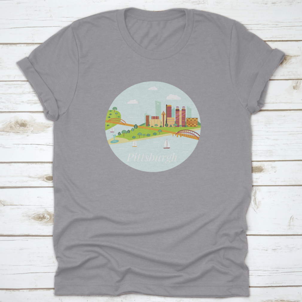 A stylish shirt featuring a poster view of Pittsburgh's skyline with skyscrapers and river, made from high-quality cotton.