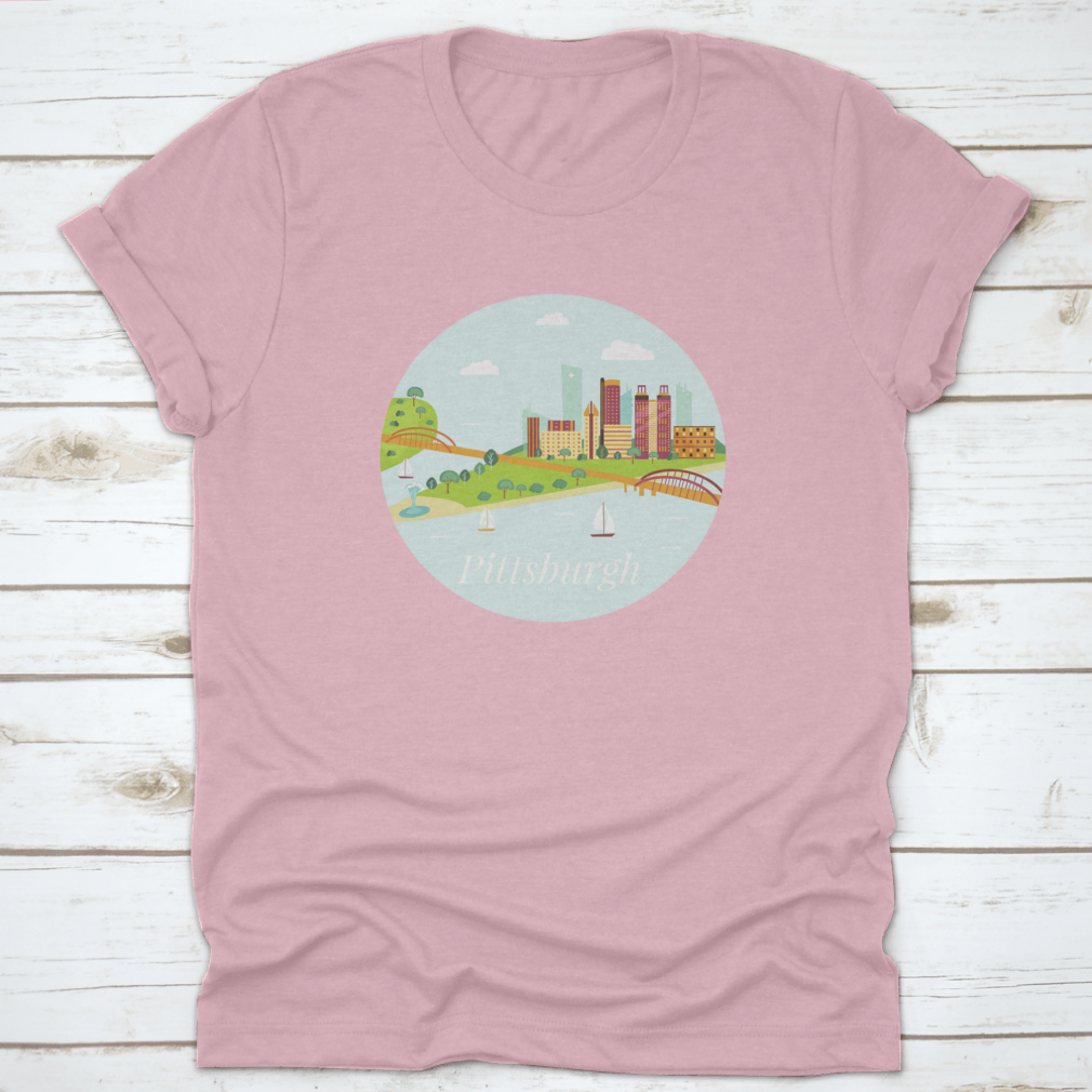 A stylish shirt featuring a poster view of Pittsburgh's skyline with skyscrapers and river, made from high-quality cotton.