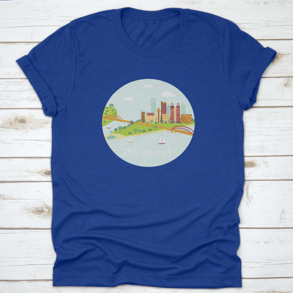 A stylish shirt featuring a poster view of Pittsburgh's skyline with skyscrapers and river, made from high-quality cotton.