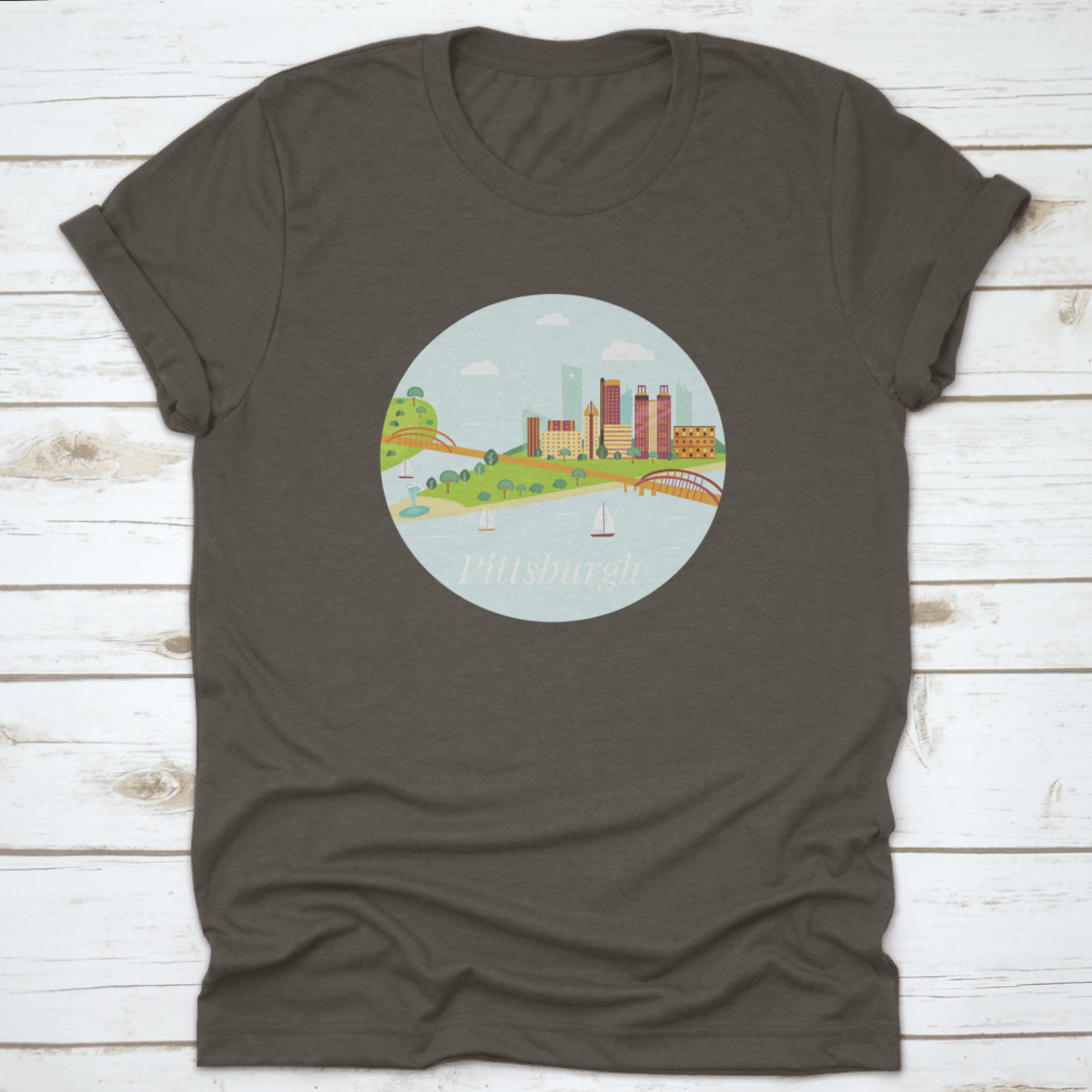 A stylish shirt featuring a poster view of Pittsburgh's skyline with skyscrapers and river, made from high-quality cotton.