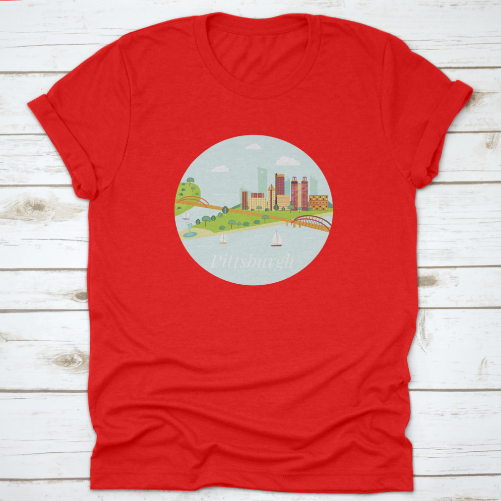 A stylish shirt featuring a poster view of Pittsburgh's skyline with skyscrapers and river, made from high-quality cotton.