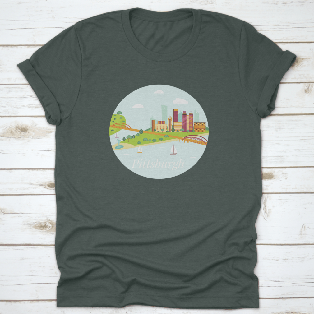 A stylish shirt featuring a poster view of Pittsburgh's skyline with skyscrapers and river, made from high-quality cotton.