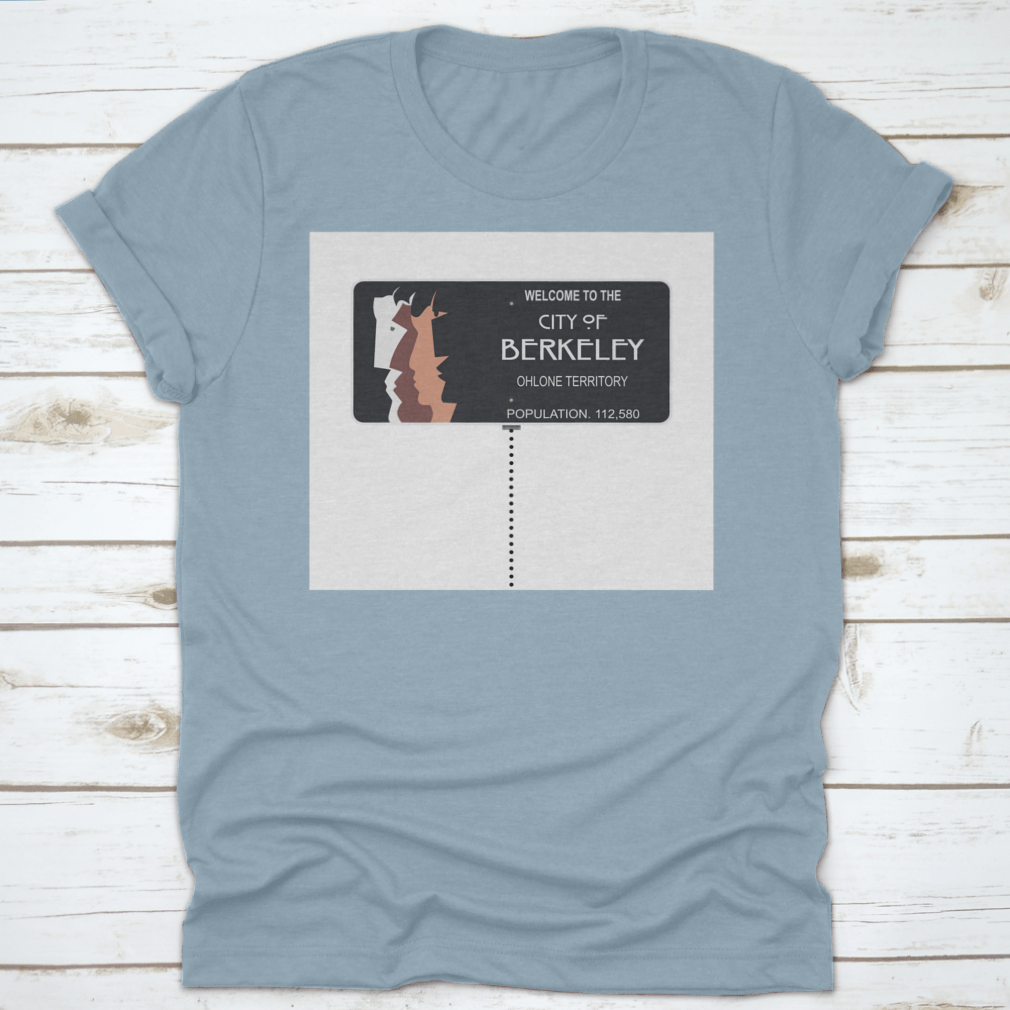 Black T-shirt featuring a sketch of the Welcome To The City Of Berkeley road sign, made from 100% cotton.