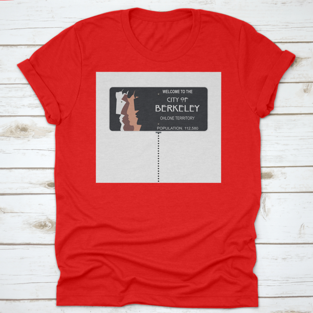 Black T-shirt featuring a sketch of the Welcome To The City Of Berkeley road sign, made from 100% cotton.