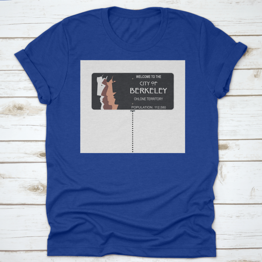 Black T-shirt featuring a sketch of the Welcome To The City Of Berkeley road sign, made from 100% cotton.