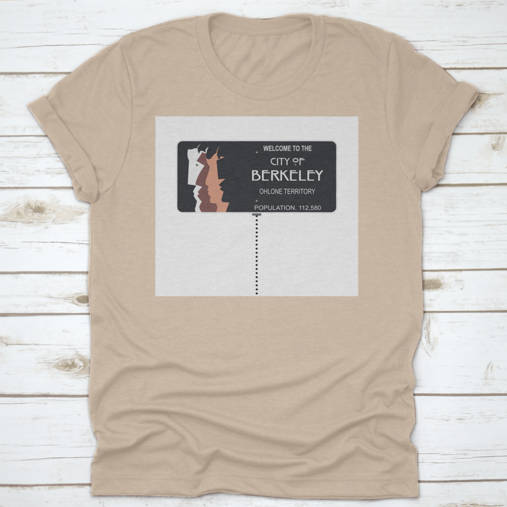 Black T-shirt featuring a sketch of the Welcome To The City Of Berkeley road sign, made from 100% cotton.