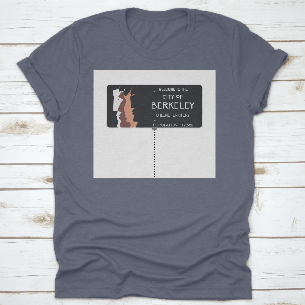 Black T-shirt featuring a sketch of the Welcome To The City Of Berkeley road sign, made from 100% cotton.
