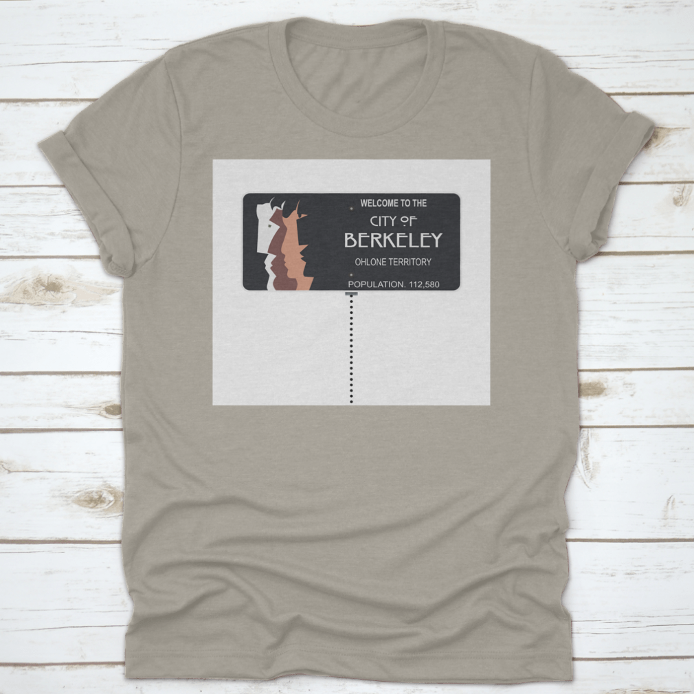 Black T-shirt featuring a sketch of the Welcome To The City Of Berkeley road sign, made from 100% cotton.