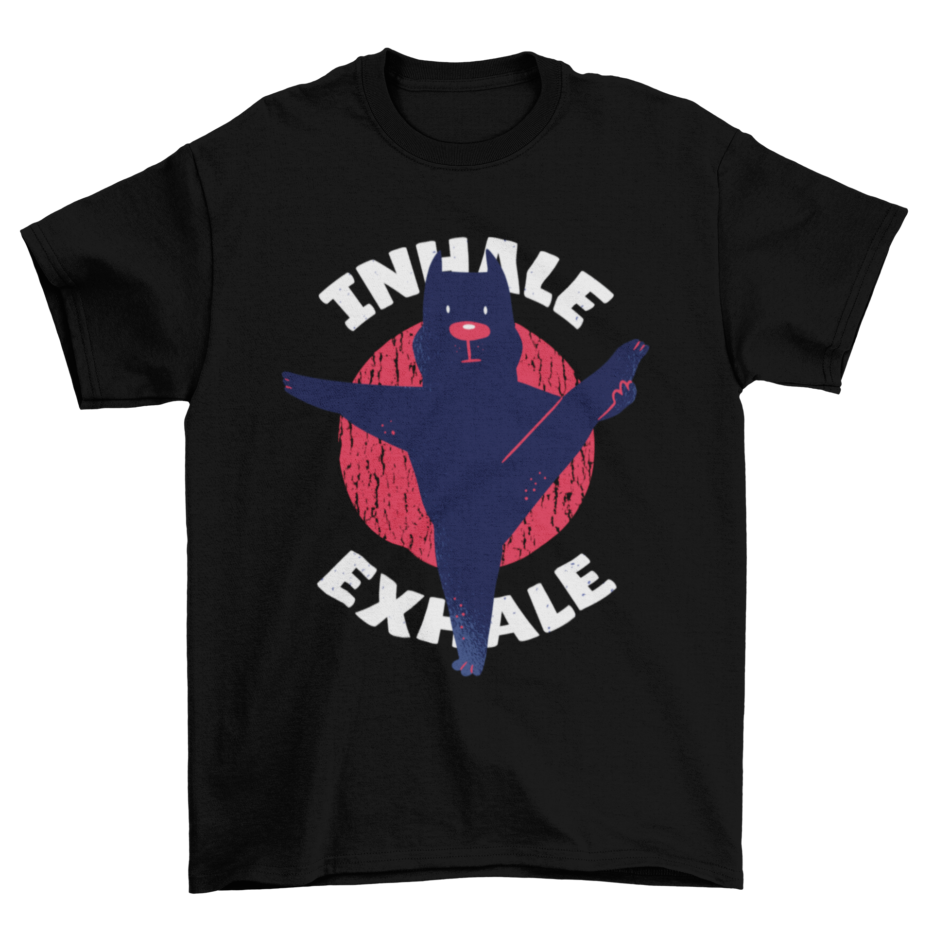 A stylish T-shirt featuring a pitbull doing yoga with the quote 'Inhale Exhale'.