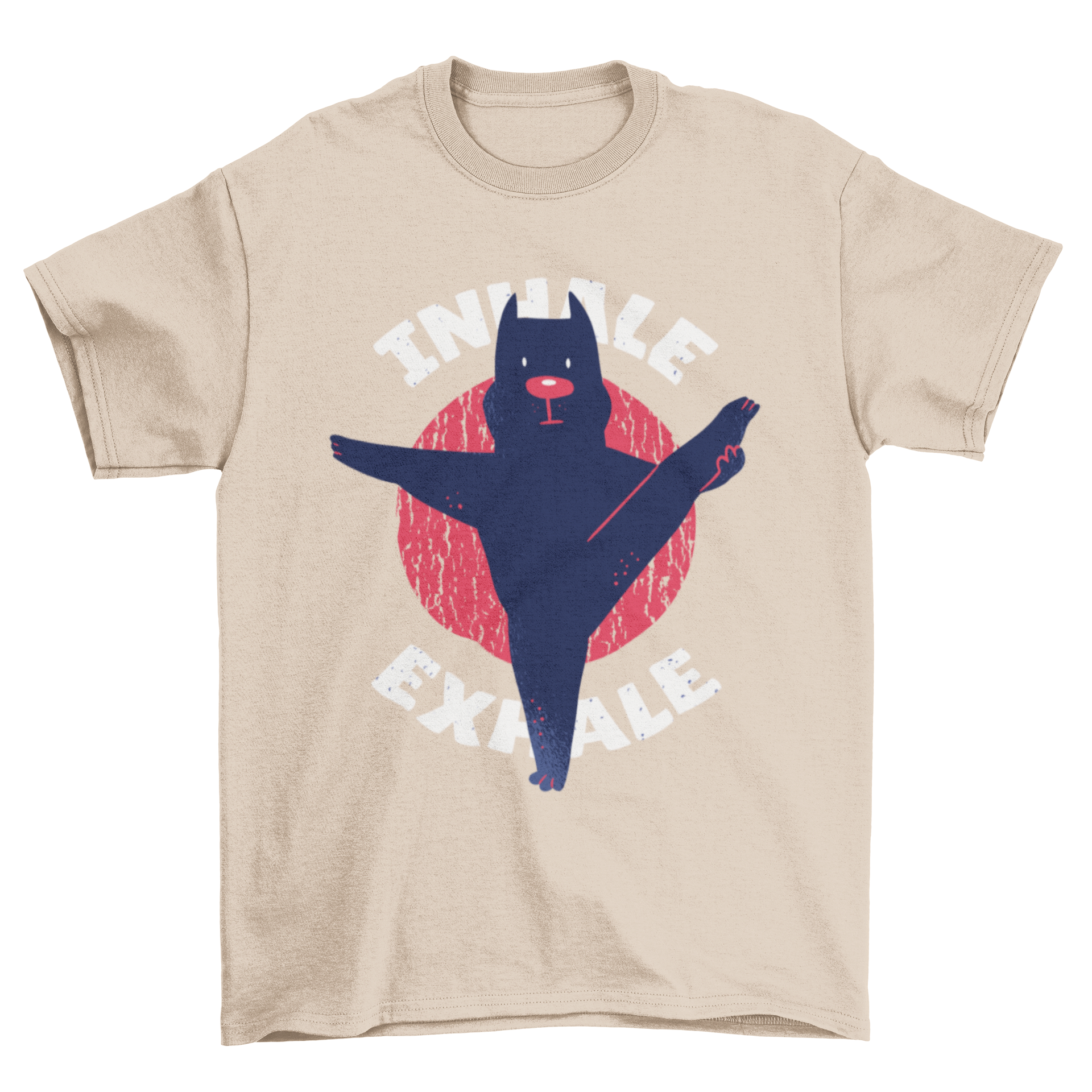 A stylish T-shirt featuring a pitbull doing yoga with the quote 'Inhale Exhale'.