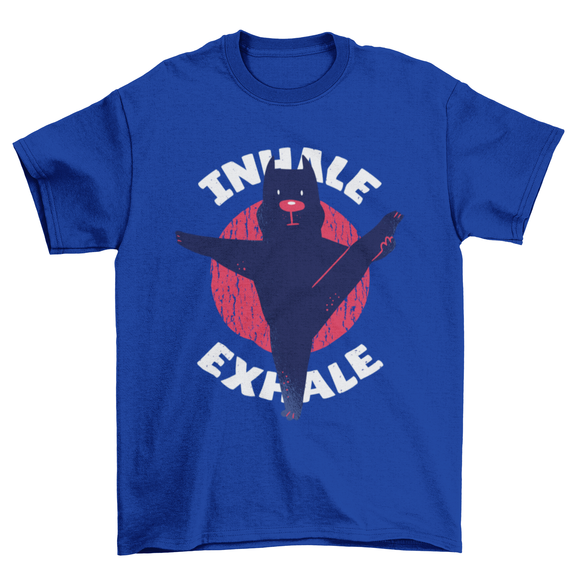 A stylish T-shirt featuring a pitbull doing yoga with the quote 'Inhale Exhale'.
