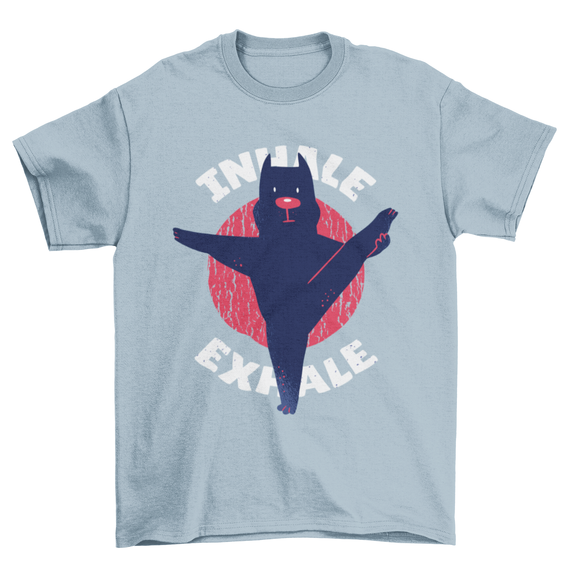 A stylish T-shirt featuring a pitbull doing yoga with the quote 'Inhale Exhale'.