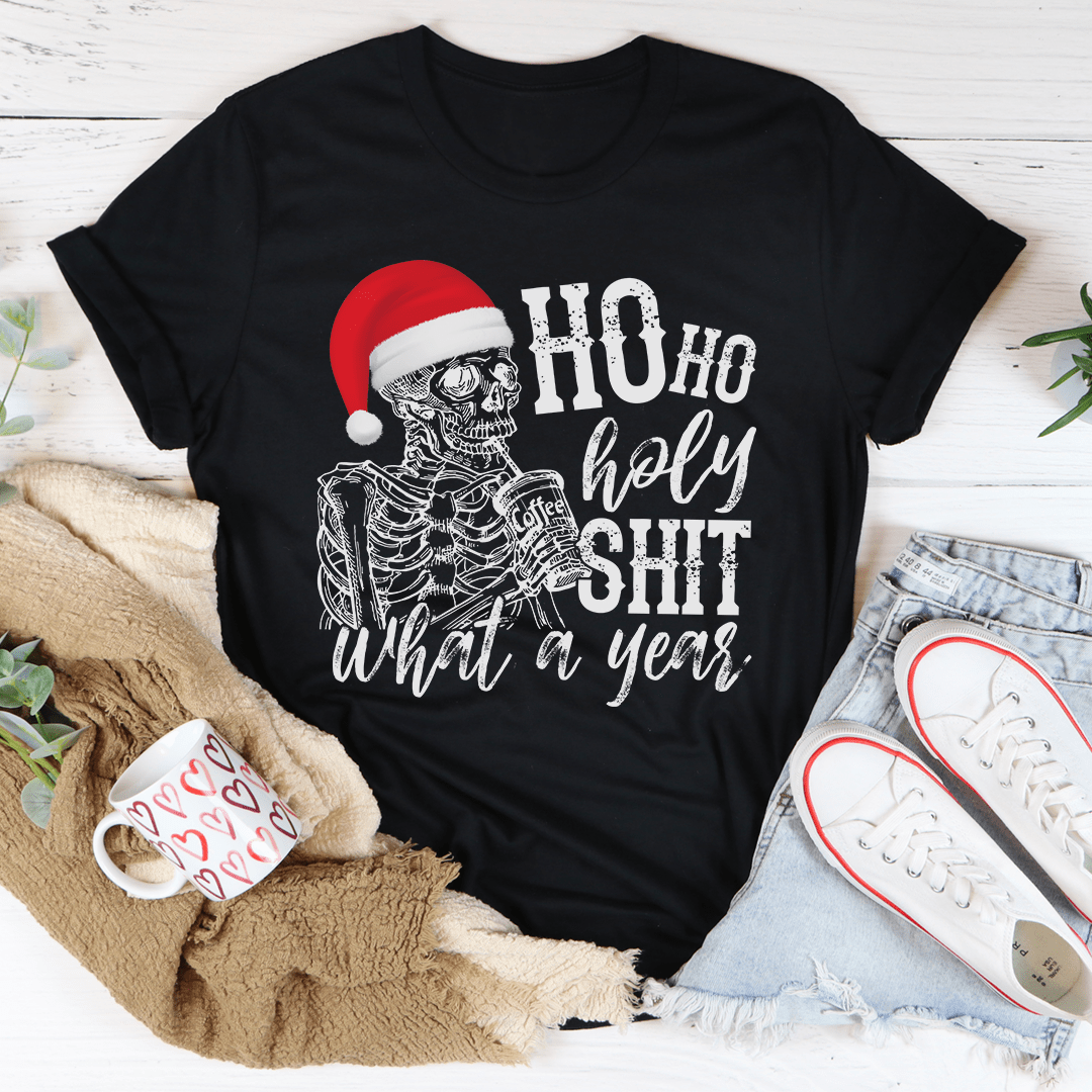 What A Year Christmas Tee featuring a festive design, made from 100% soft cotton, perfect for holiday celebrations.