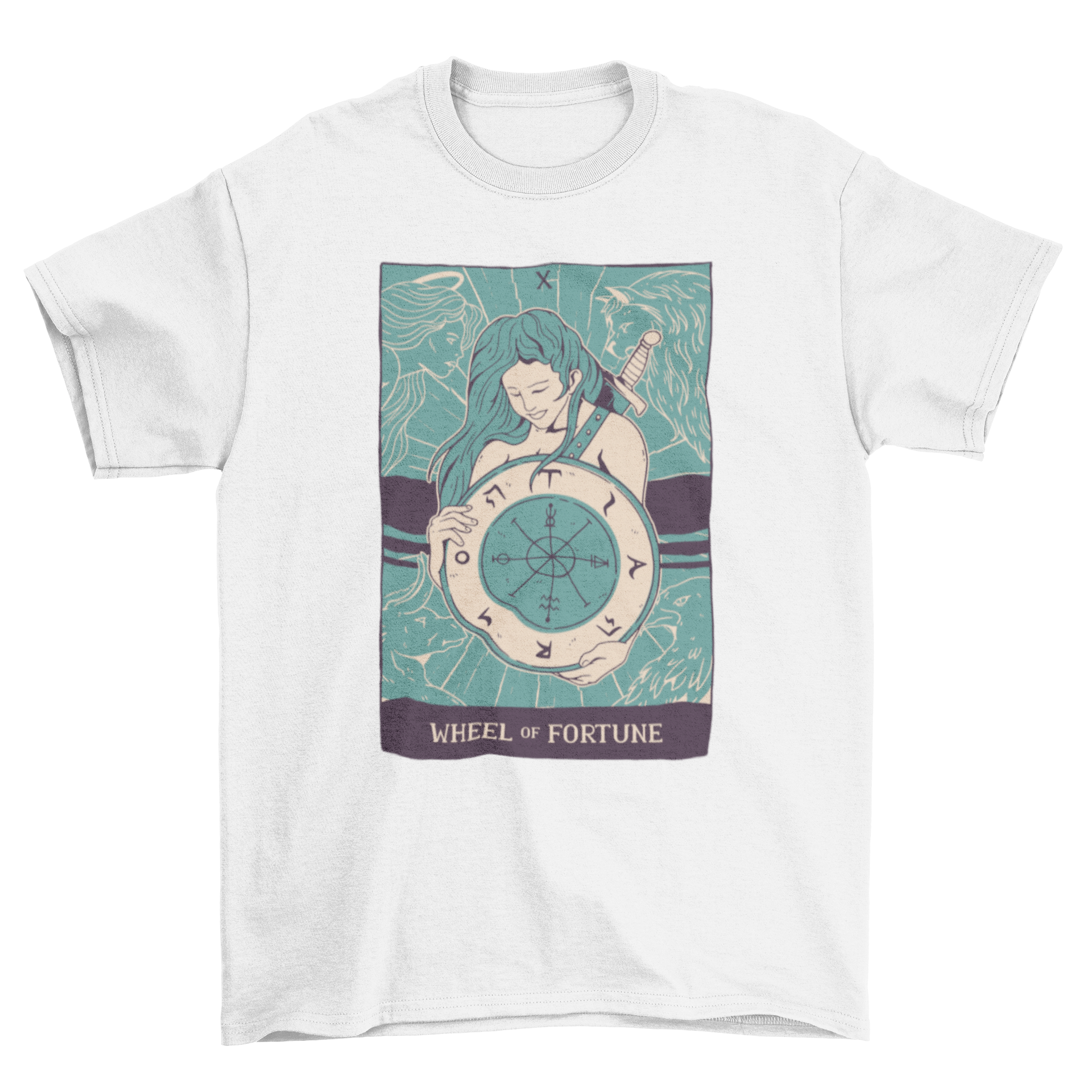 A stylish t-shirt featuring an intricate illustration of the Wheel of Fortune tarot card, showcasing vibrant colors and detailed design.
