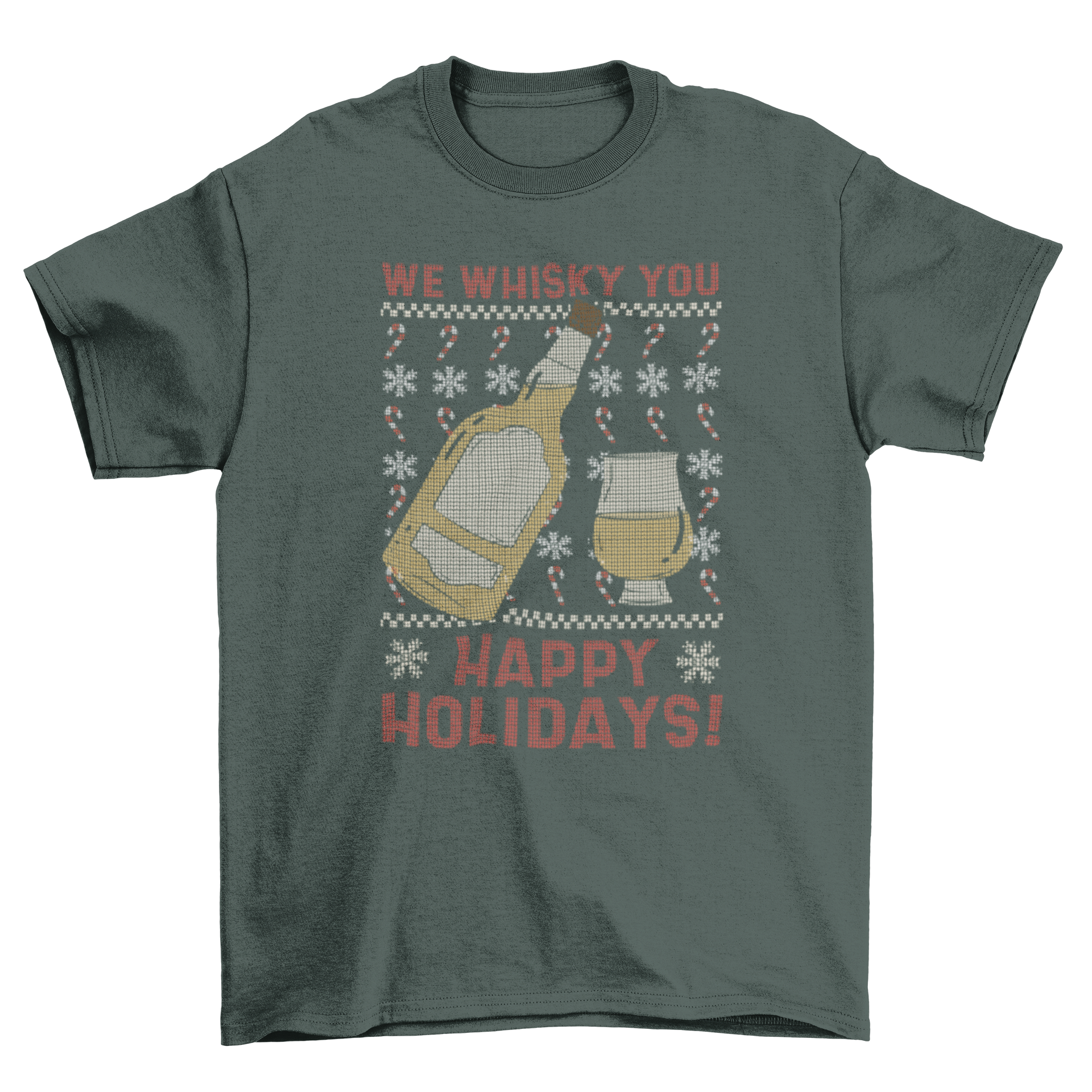 Whisky Quote Holidays T-Shirt featuring a whisky bottle and festive quote design.