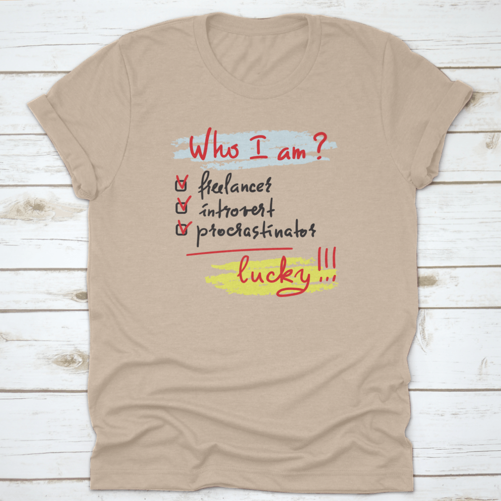 A comfortable 'Who I Am?' t-shirt made from 100% cotton, featuring a classic fit and midweight fabric, ideal for freelancers and introverts.