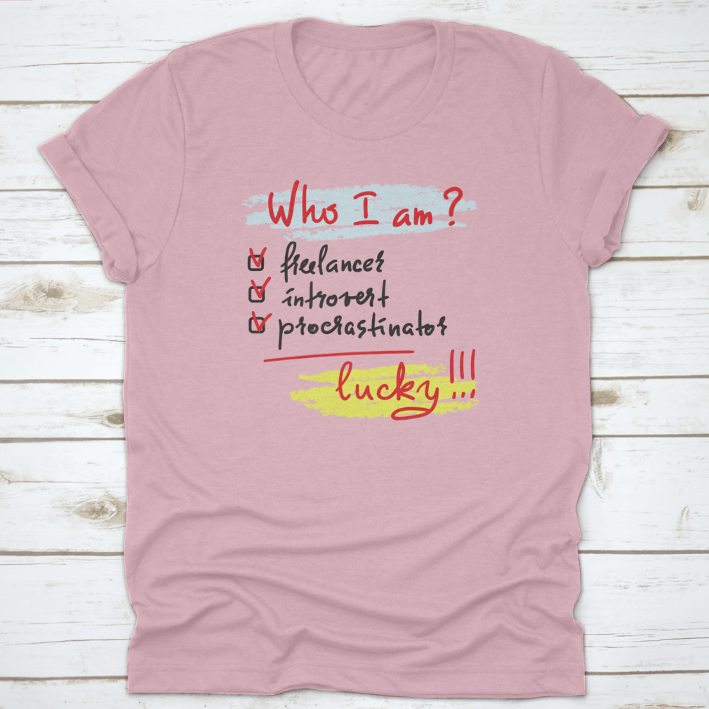 A comfortable 'Who I Am?' t-shirt made from 100% cotton, featuring a classic fit and midweight fabric, ideal for freelancers and introverts.