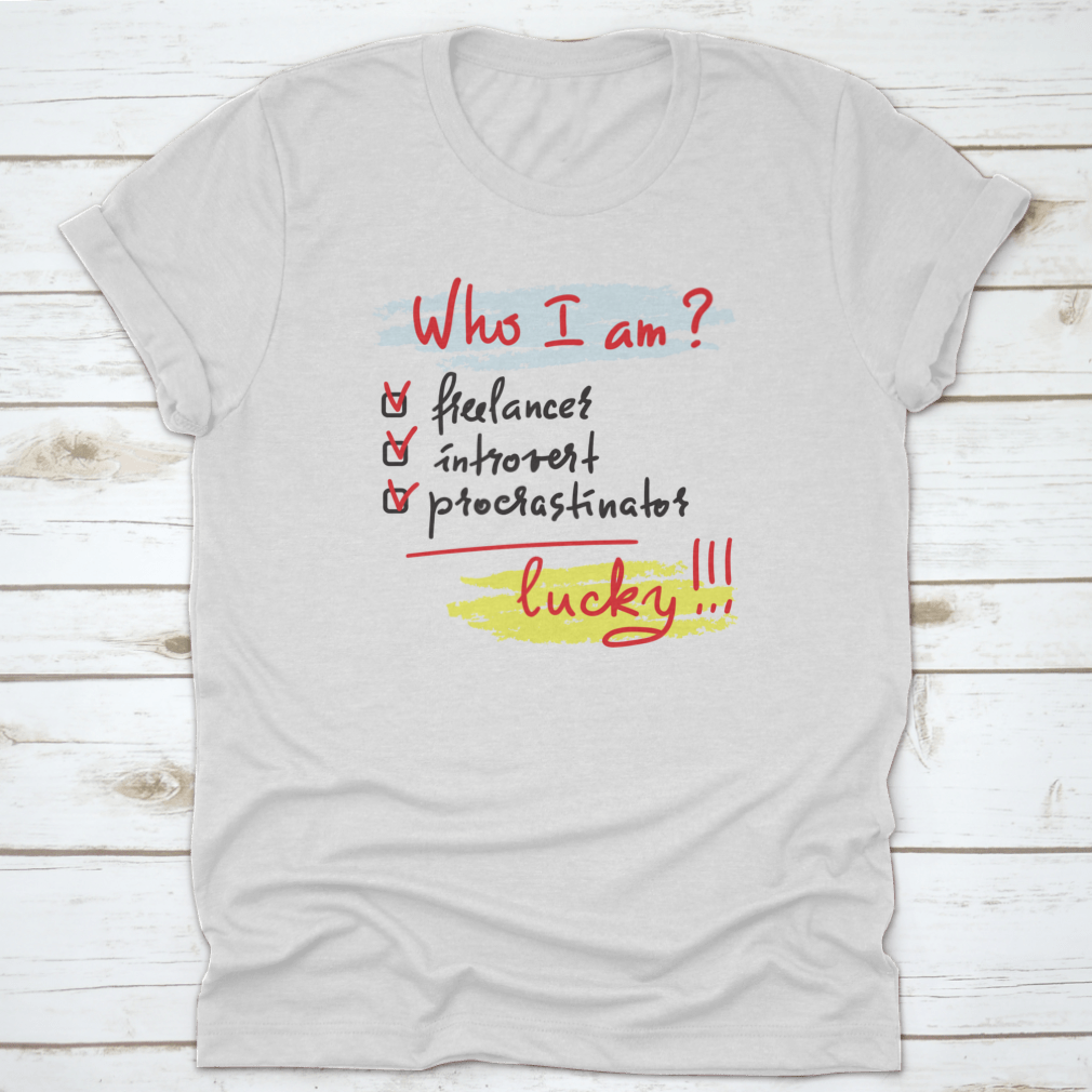 A comfortable 'Who I Am?' t-shirt made from 100% cotton, featuring a classic fit and midweight fabric, ideal for freelancers and introverts.