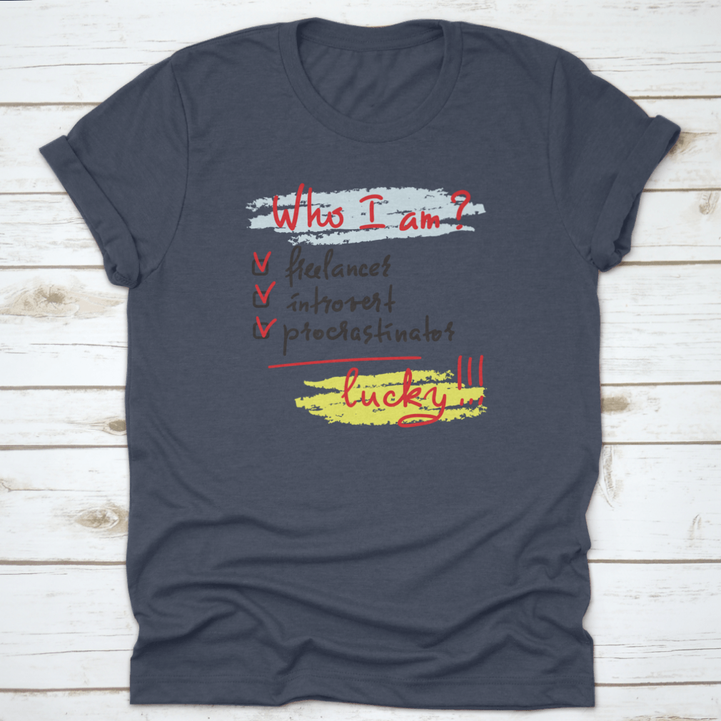 A comfortable 'Who I Am?' t-shirt made from 100% cotton, featuring a classic fit and midweight fabric, ideal for freelancers and introverts.