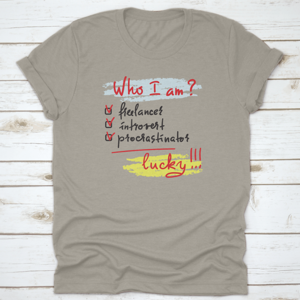A comfortable 'Who I Am?' t-shirt made from 100% cotton, featuring a classic fit and midweight fabric, ideal for freelancers and introverts.