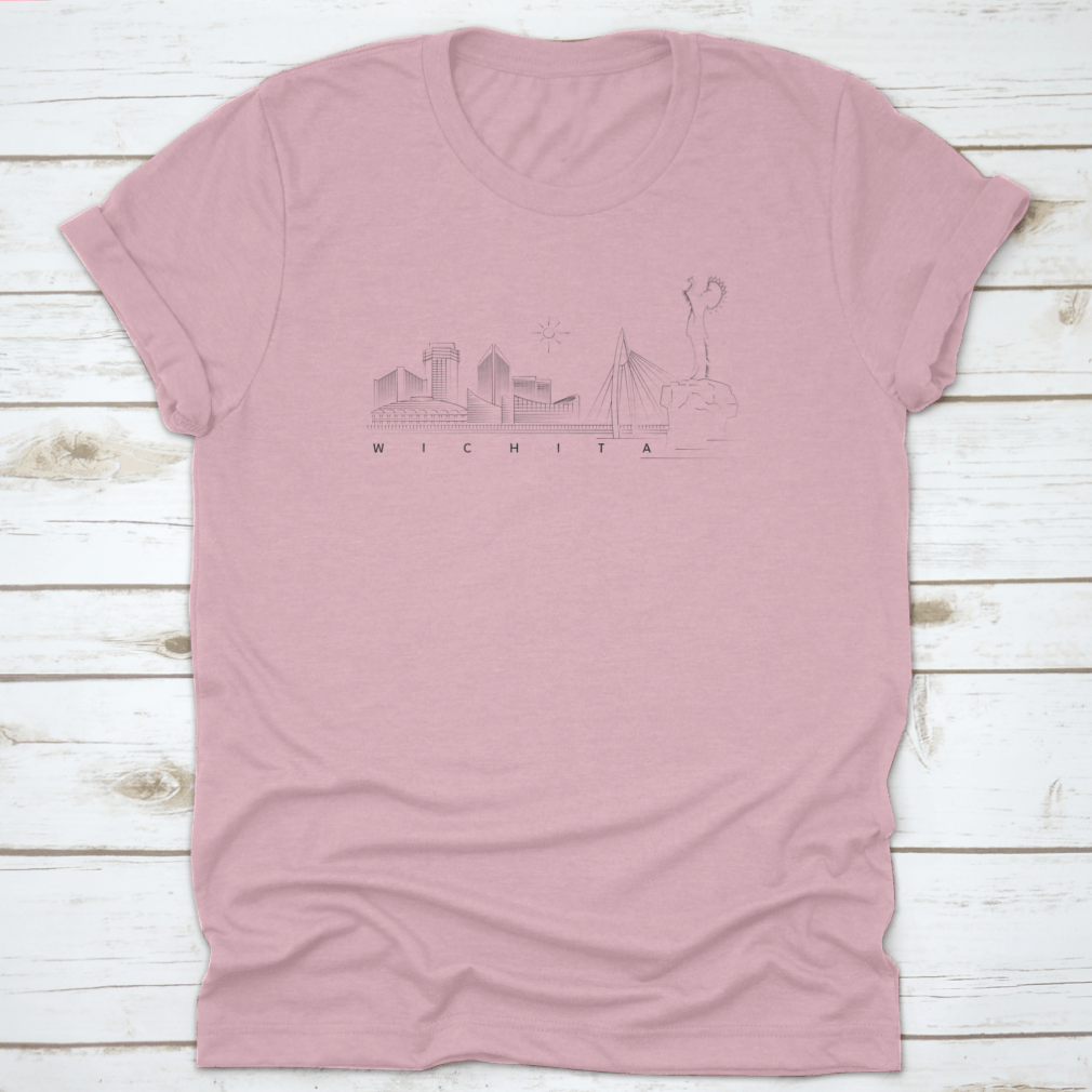 Minimal linear vector illustration of the Wichita, Kansas skyline on a cotton T-shirt, showcasing iconic buildings and structures.