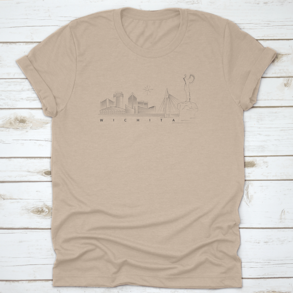 Minimal linear vector illustration of the Wichita, Kansas skyline on a cotton T-shirt, showcasing iconic buildings and structures.