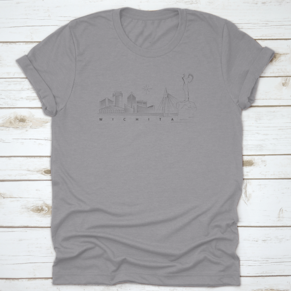 Minimal linear vector illustration of the Wichita, Kansas skyline on a cotton T-shirt, showcasing iconic buildings and structures.