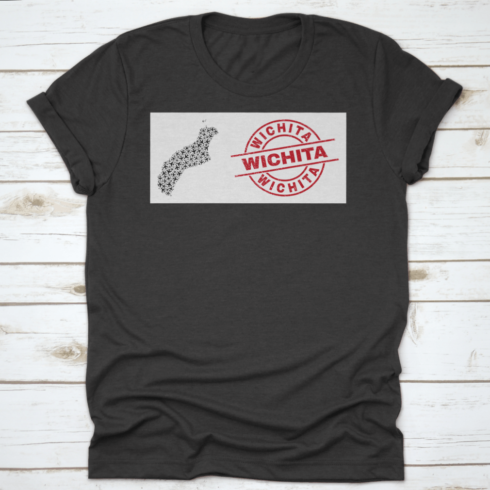 Wichita Scratched Seal Stamp t-shirt featuring Niihau Island map collage with airliner design, showcasing unique graphics on a comfortable cotton fabric.