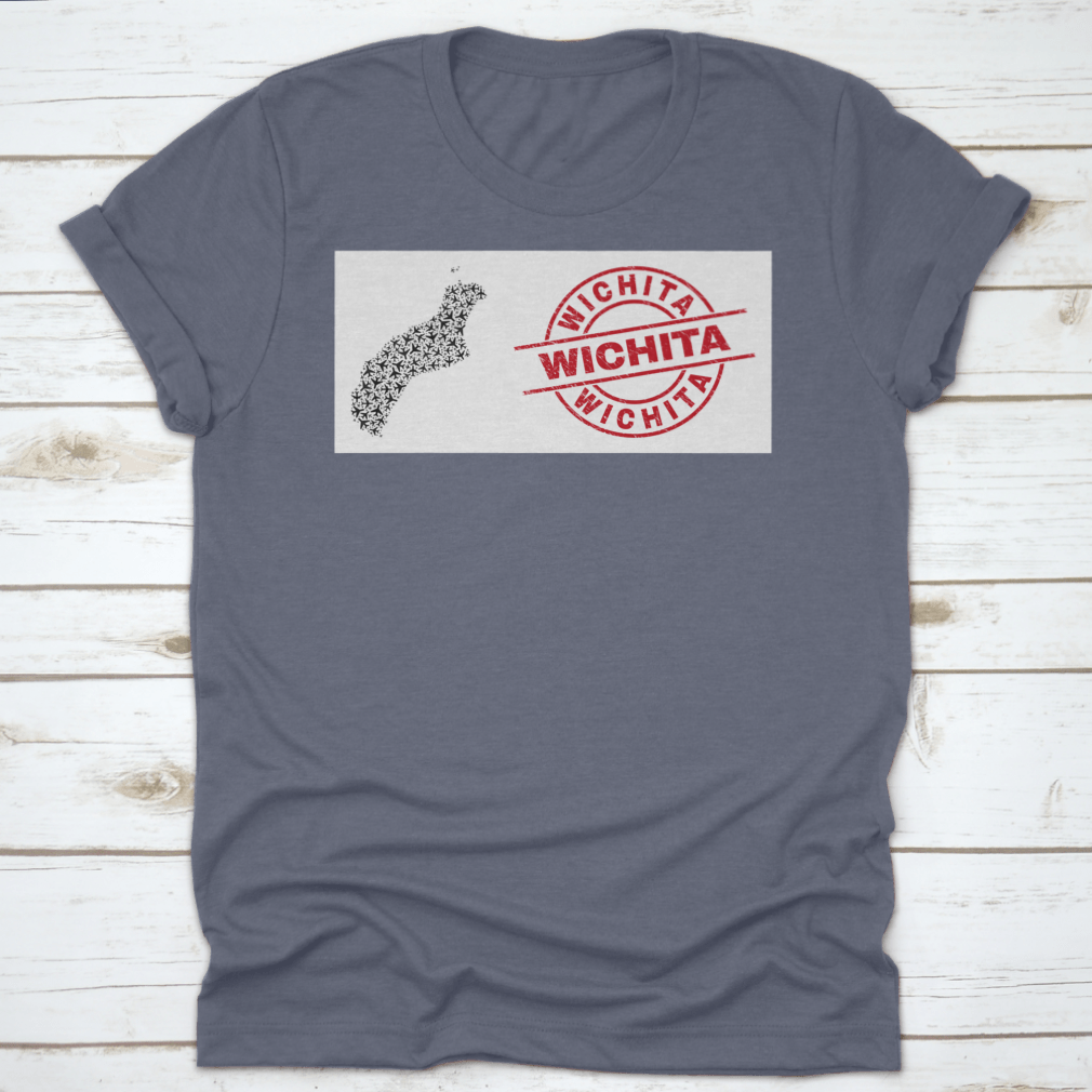 Wichita Scratched Seal Stamp t-shirt featuring Niihau Island map collage with airliner design, showcasing unique graphics on a comfortable cotton fabric.