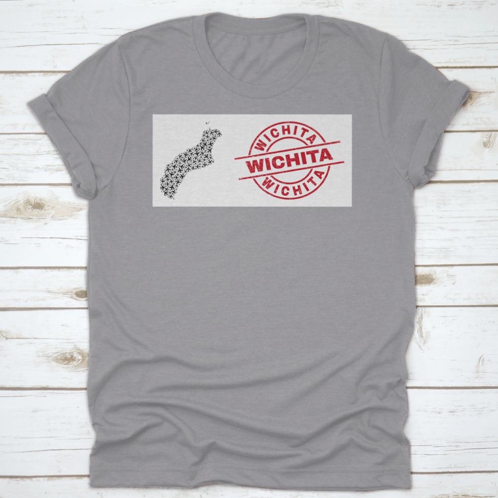 Wichita Scratched Seal Stamp t-shirt featuring Niihau Island map collage with airliner design, showcasing unique graphics on a comfortable cotton fabric.