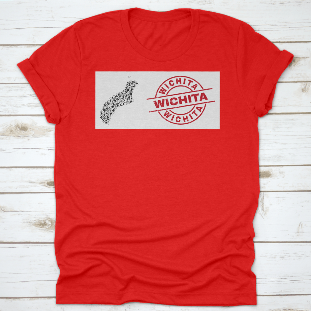 Wichita Scratched Seal Stamp t-shirt featuring Niihau Island map collage with airliner design, showcasing unique graphics on a comfortable cotton fabric.