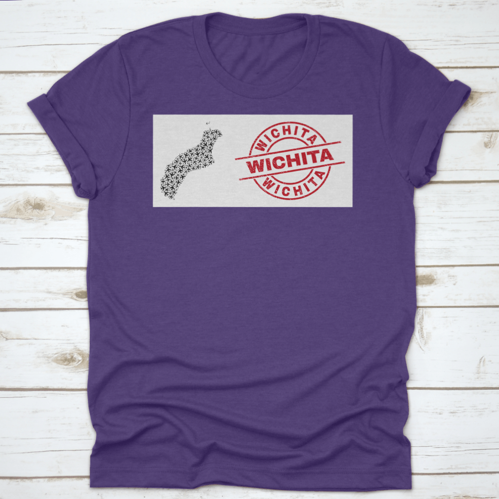 Wichita Scratched Seal Stamp t-shirt featuring Niihau Island map collage with airliner design, showcasing unique graphics on a comfortable cotton fabric.