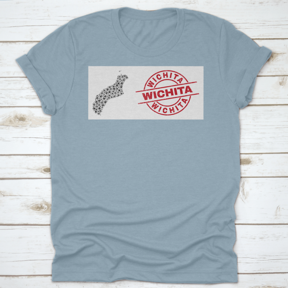 Wichita Scratched Seal Stamp t-shirt featuring Niihau Island map collage with airliner design, showcasing unique graphics on a comfortable cotton fabric.